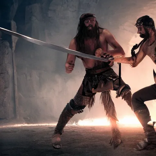 Image similar to barbarian warrior swordfighting a thief, cinematic, movie still