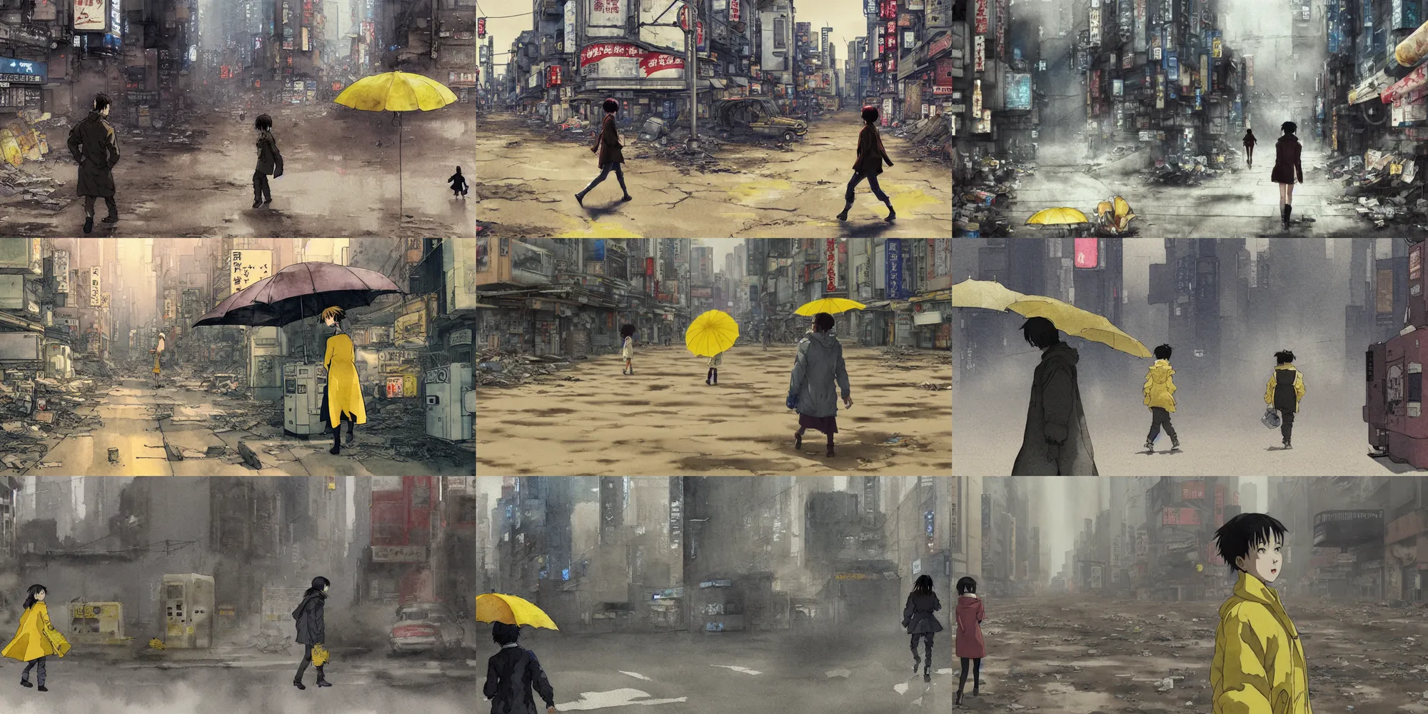 Prompt: incredible wide screenshot, simple watercolor, paper texture, katsuhiro otomo ghost in the shell movie scene, distant shot of girl in a parka running from a monster robot side view under a yellow parasol in deserted dusty shinjuku junk town, broken vending machines, old pawn shop, bright sun bleached ground, mud, fog, dust, windy, scary chameleon face muscle robot monster lurks in the background, ghost mask, teeth, animatronic, black smoke, pale beige sky, junk tv, texture, strange, impossible, fur, spines, mouth, pipe brain, shell, brown mud, dust, bored expression, overhead wires, telephone pole, dusty, dry, pencil marks, genius party,shinjuku, koju morimoto, katsuya terada, masamune shirow, tatsuyuki tanaka hd, 4k, remaster, dynamic camera angle, deep 3 point perspective, fish eye, dynamic scene