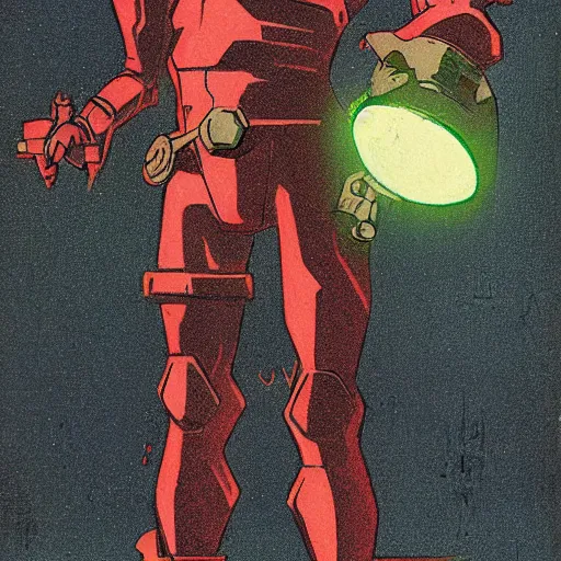 Prompt: concept art, stylized, super exaggerated proportions, concept design, male, science fiction suit, helmet, by mike mignola