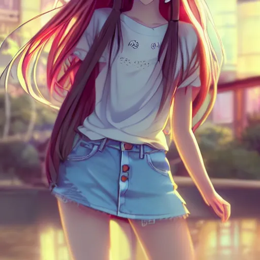 Image similar to a very beautiful anime girl, full body, long golden hair, sky blue eyes, full round face, short smile, mini jeans skirt, cute top, urban setting, cinematic lighting, medium shot, mid-shot, highly detailed, trending on Artstation, Unreal Engine 4k, cinematic wallpaper by Stanley Artgerm Lau, WLOP, Rossdraws, James Jean, Andrei Riabovitchev, Marc Simonetti, and Sakimichan