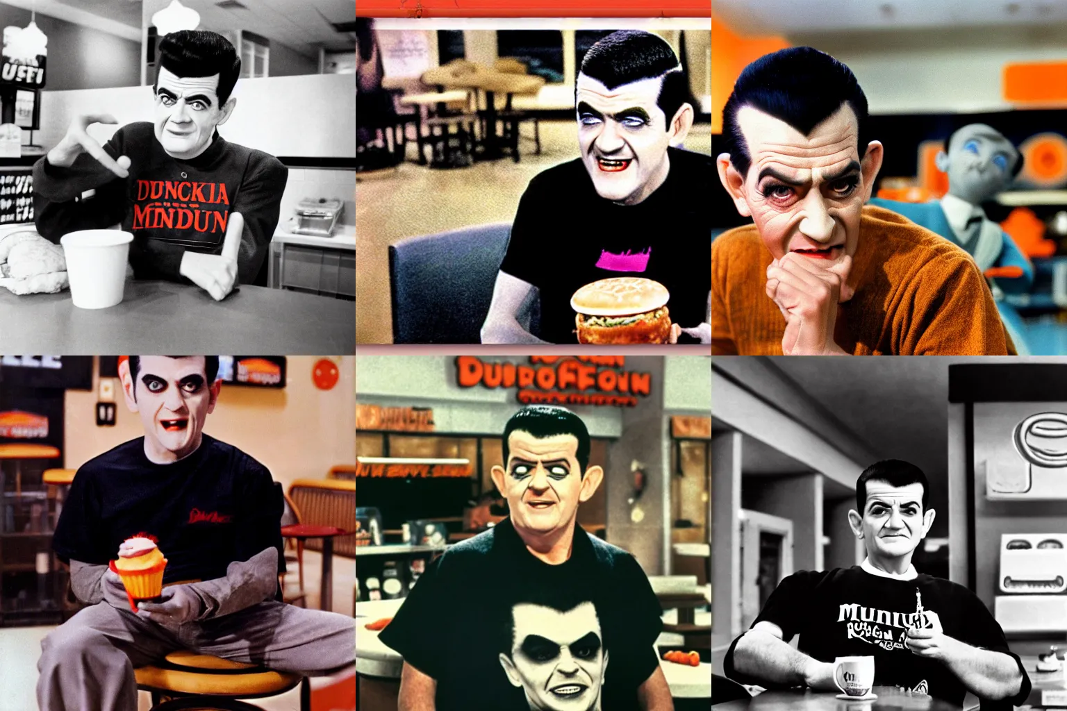 Prompt: Color still of old man as Eddie Munster from The Munsters (1964) relaxing in dunkin donuts, wearing a black rock concert T-shirt, with accurate face, UHD, DSLR photo