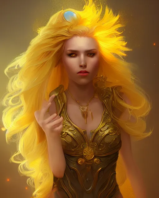 Prompt: a beautiful sun sorceress, flowy yellow golden hair, golden eyes, sun, summer, cinematic lighting, highly detailed, digital painting, trending on artstation, pixiv, concept art, sharp focus, illustration, art by ross tran and wlop, dark art