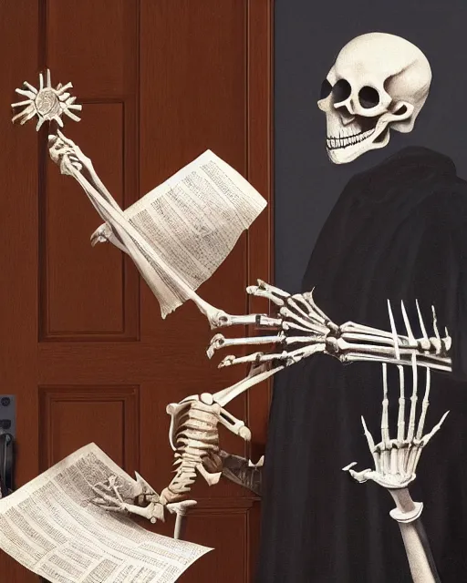 Image similar to A painting of Martin Luther holding a mallet and nailing a cartoon paper-skeleton Halloween decoration to the door of a suburban home, in the styles of Ferdinand Pauwels, Greg Rutkowski, and Judy Boyle intricate, hyperrealistic, accurate facial details, volumetric lighting