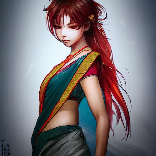 Image similar to girl in saree lighting firecracker, elegant, young sensual anime girl, ultrafine hyperrealistic detailed face illustration by kim jung gi, irakli nadar, intricate linework, sharp focus, bright colors, matte, octopath traveler, final fantasy, unreal engine highly rendered, global illumination, radiant light, intricate environment