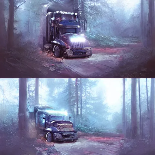 Prompt: a truck in the woods, digital art by ruan jia and mandy jurgens and artgerm, highly detailed, trending on artstation, award winning