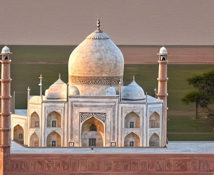 Prompt: 4 k hd, high detail photograph of taj mahal, shot with sigma f / 4. 2, 2 5 0 mm sharp lens, wide shot, volumetric lighting, high level texture render