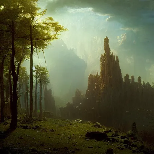 Image similar to painting of a post - apocaliptic wonderland by albert bierstadt, matte painting, unreal engine, 8 k resolution, beautiful, dark ambient