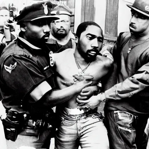 Image similar to photo of 2 pac arresting 2 pac, there is an officer that looks like 2 pac arresting that 2 pac. 2 pac can be seen in the background overlooking the situation.