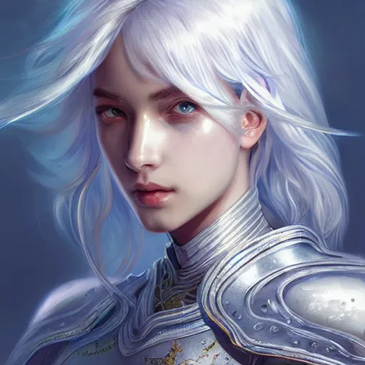 Image similar to portrait white hair knights of Zodiac girl, Sliver ice color reflected armor, in ruined Agora of Athens Sunrise, ssci-fi and fantasy, intricate and very very beautiful and elegant, highly detailed, digital painting, artstation, concept art, smooth and sharp focus, illustration, art by tian zi and WLOP and alphonse mucha