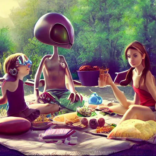 Prompt: having a picnic with my alien family, trending on artstation, 4 k photorealism, 4 k quality