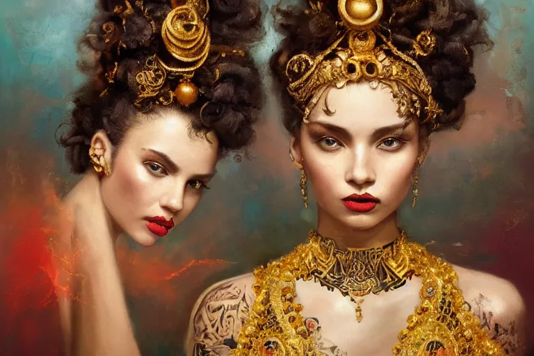 Image similar to an epic painting of a 1 9 years old girl figure, curly messy high bun hairstyle, oriental tattoos, jeweled ornament over forehead, subject wearing a gold and black high fashion gown, flowing, ornate, beautiful, intricate, dramatic earth colors, with few fire red highlights, by jeremy mann and greg rutkowski, oil on canvas, artstation
