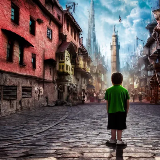 Image similar to the back of a boy standing in the streets of a fantastical fantasy city, extremely detailed and photorealistic, 8k