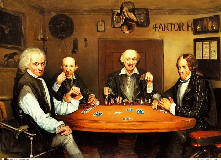 Image similar to family photo of isaac newton and stephen hawkins an einstein playing poker in an old west saloon in the style of norman rockwell