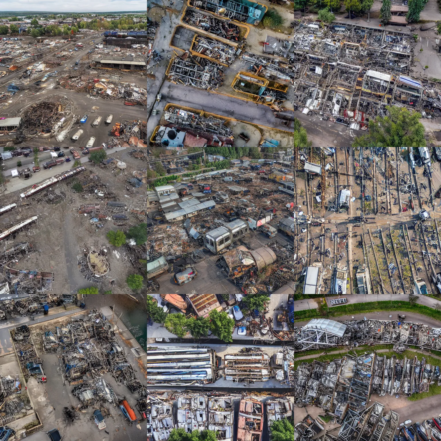 Prompt: drone view of a scrapyard full of old streetcars