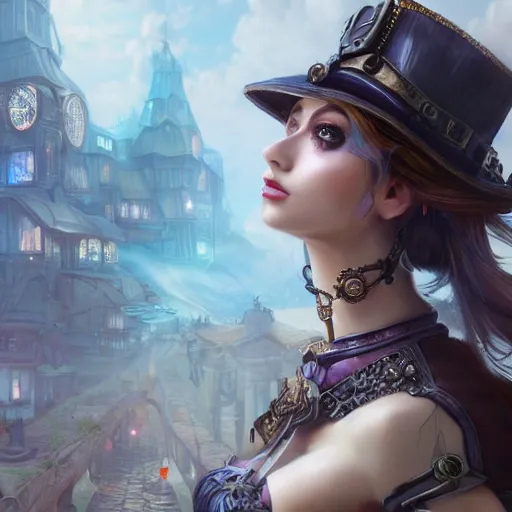 Image similar to fantasy woman in steampunk town, details face, detailed body, unreal engine, by popular digital artist, digital, artstation, detailed body, heavenly atmosphere, digital art, overdetailed art, trending on artstation, cgstudio, the most beautiful image ever created, dramatic, award winning artwork, beautiful scenery