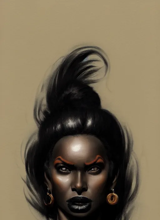 Prompt: portrait of a dark skinned woman with a crooked nose and a confident expression, 1 9 6 0 s, black clothes, goth, punk, funk, intricate, elegant, highly detailed, digital painting, artstation, concept art, smooth, sharp focus, illustration, art by wlop, mars ravelo and greg rutkowski