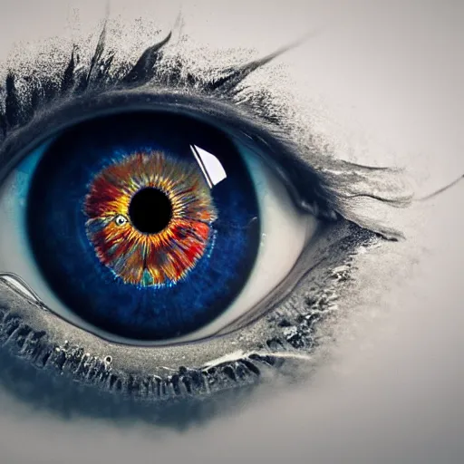 Prompt: eyeball that has the iris of a swimming pool, award winning photo, 3d art, moody lighting,