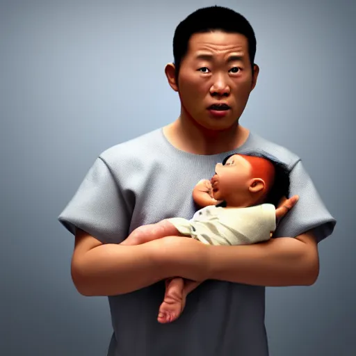 Image similar to shocked asian man holding african - american baby at hospital, he can't believe his eyes, award winning art, pixar, 3 d render, artstation