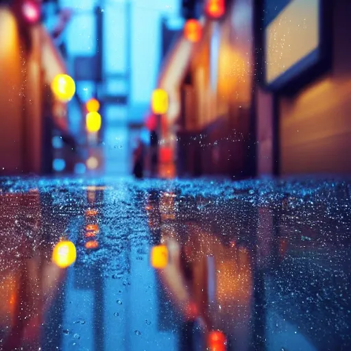 Image similar to still photo of rain puddles and reflections in a japanese street, cloudy weather, highly detailed, photorealistic shot, bright studio setting, studio lighting, crisp quality and light reflections, unreal engine 5 quality render