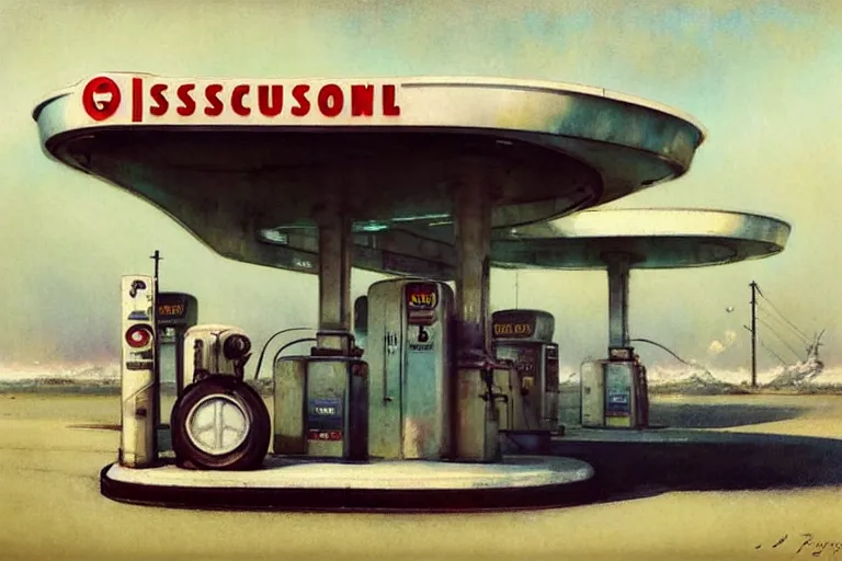 Image similar to ( ( ( ( ( 1 9 5 0 s retro science fiction gas station. muted colors. ) ) ) ) ) by jean - baptiste monge!!!!!!!!!!!!!!!!!!!!!!!!!!!!!!