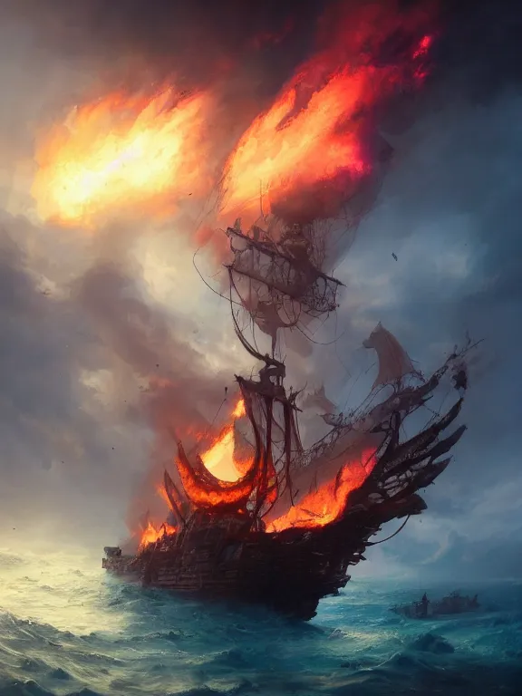 Image similar to photo of 8k ultra realistic pirate ghost ship on fire, full of colour, cinematic lighting, battered, trending on artstation, 4k, hyperrealistic, focused, extreme details,unreal engine 5, cinematic, masterpiece, art by Peter Mohrbacher