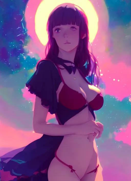 Prompt: portrait of cute girl in sexy clothes, psychedelic intergalactic background illustration concept art anime key visual trending pixiv fanbox by wlop and greg rutkowski and makoto shinkai and studio ghibli and kyoto animation