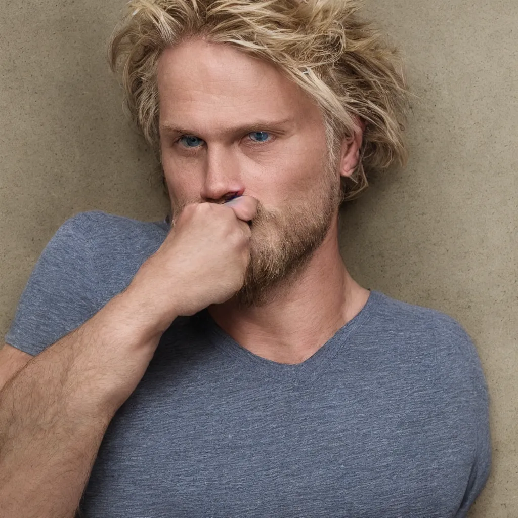 Image similar to full face color photograph of a 40 year old very handsome white man with very short, wavy, light blond hair and very small slanted blue eyes, dressed in a white t shirt, gray shorts and black socks, with very thin lips, with a straight nose and blond stubble on his oval face, and pale skin. He resembles a lion.