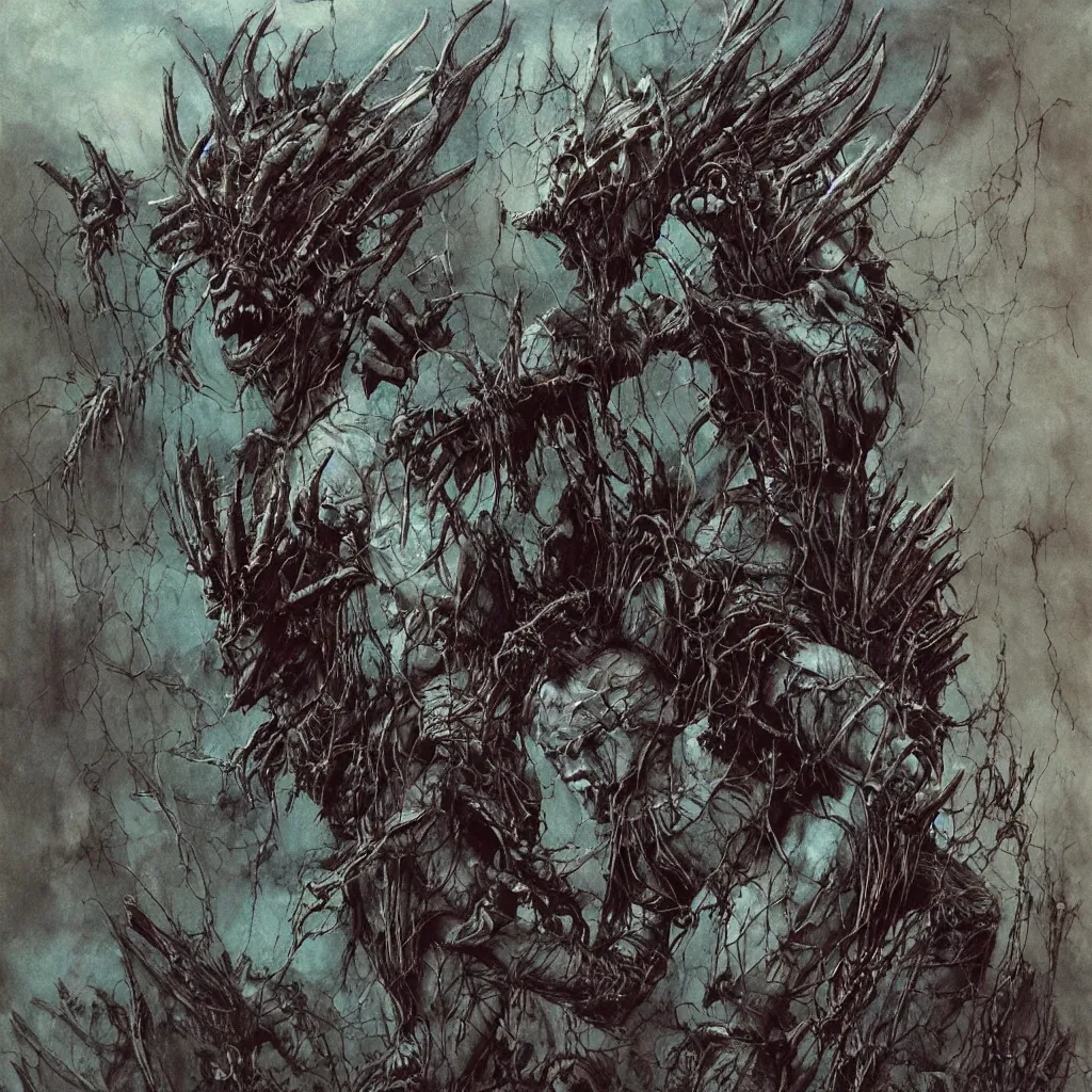 Image similar to A creepy armored horned fanged demon woman with blue scarred skin wrapped in barbed wire. Extremely high detail, realistic, fantasy art, solo, bones, ornate, textured, cgsociety masterpiece, saturated colors, tricate omnious visionary concept art tangled, ripped flesh, art by Zdzisław Beksiński, Arthur Rackham, Dariusz Zawadzki