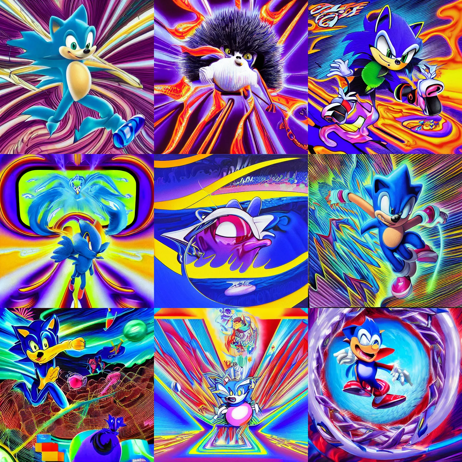 Prompt: surreal, recursive, sharp, detailed professional, high quality airbrush art MGMT album cover portrait of a liquid dissolving LSD DMT blue sonic the hedgehog surfing through cyberspace, purple checkerboard background, 1990s 1992 Sega Genesis video game album cover