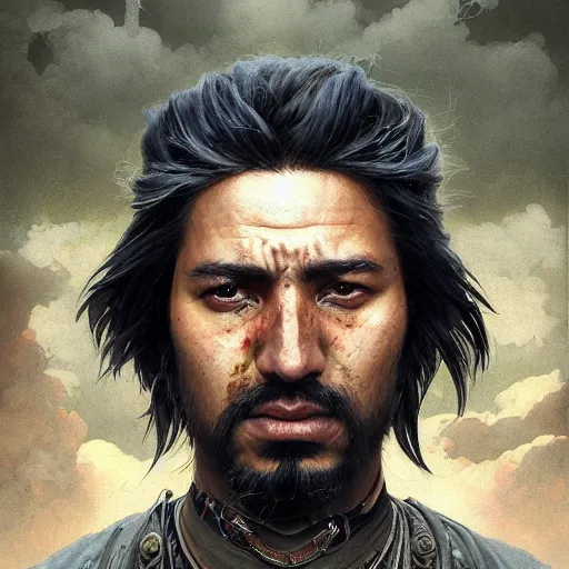 Image similar to Hyper realistic detailed portrait of a Kurdish!!!!!!!!! samurai, Stephen Bliss, unreal engine, fantasy art by Greg Rutkowski, Loish, Rhads, ferdinand knab, Makoto Shinkai and Lois van baarle, ilya kuvshinov, rossdraws, Tom Bagshaw, alphonse mucha, global illumination, radiant light, detailed and intricate environment, highly detailed, award winning art