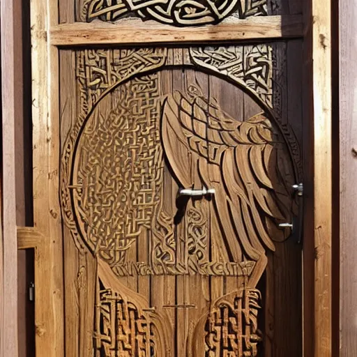 Image similar to wooden door made of gold gates nordic celtic in the top piece of a phoenix