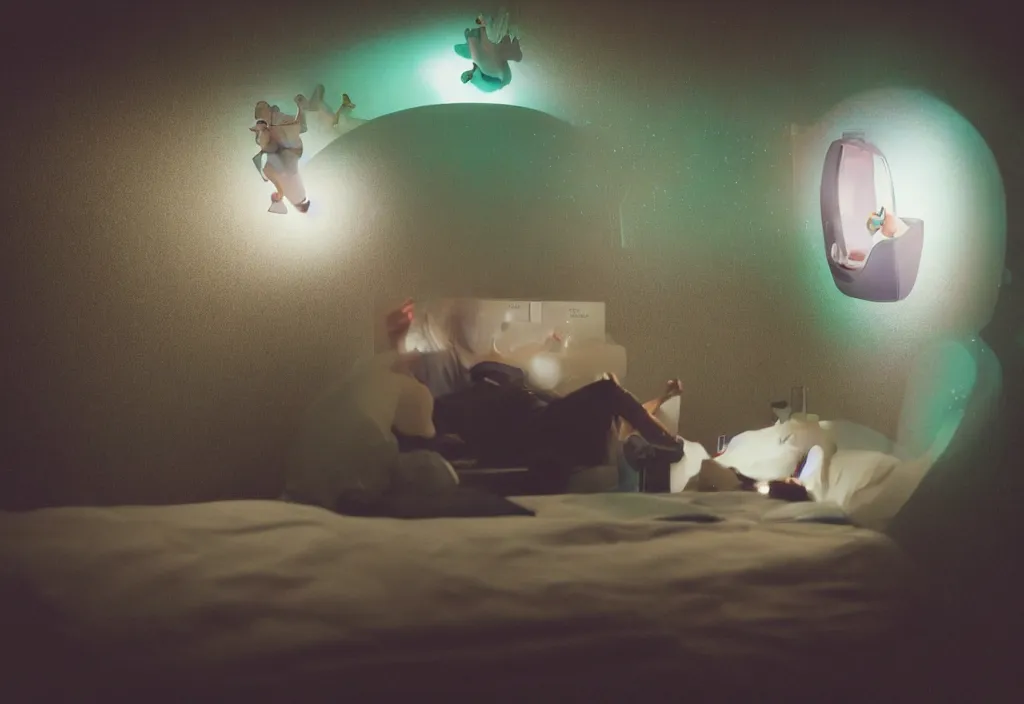 Prompt: 3 d floating people dream popping out of curved movie screen, volumetric lighting, bedroom, sleeping, pair of keycards on table, bokeh, big glowing fish, creterion collection, shot on 7 0 mm, instax