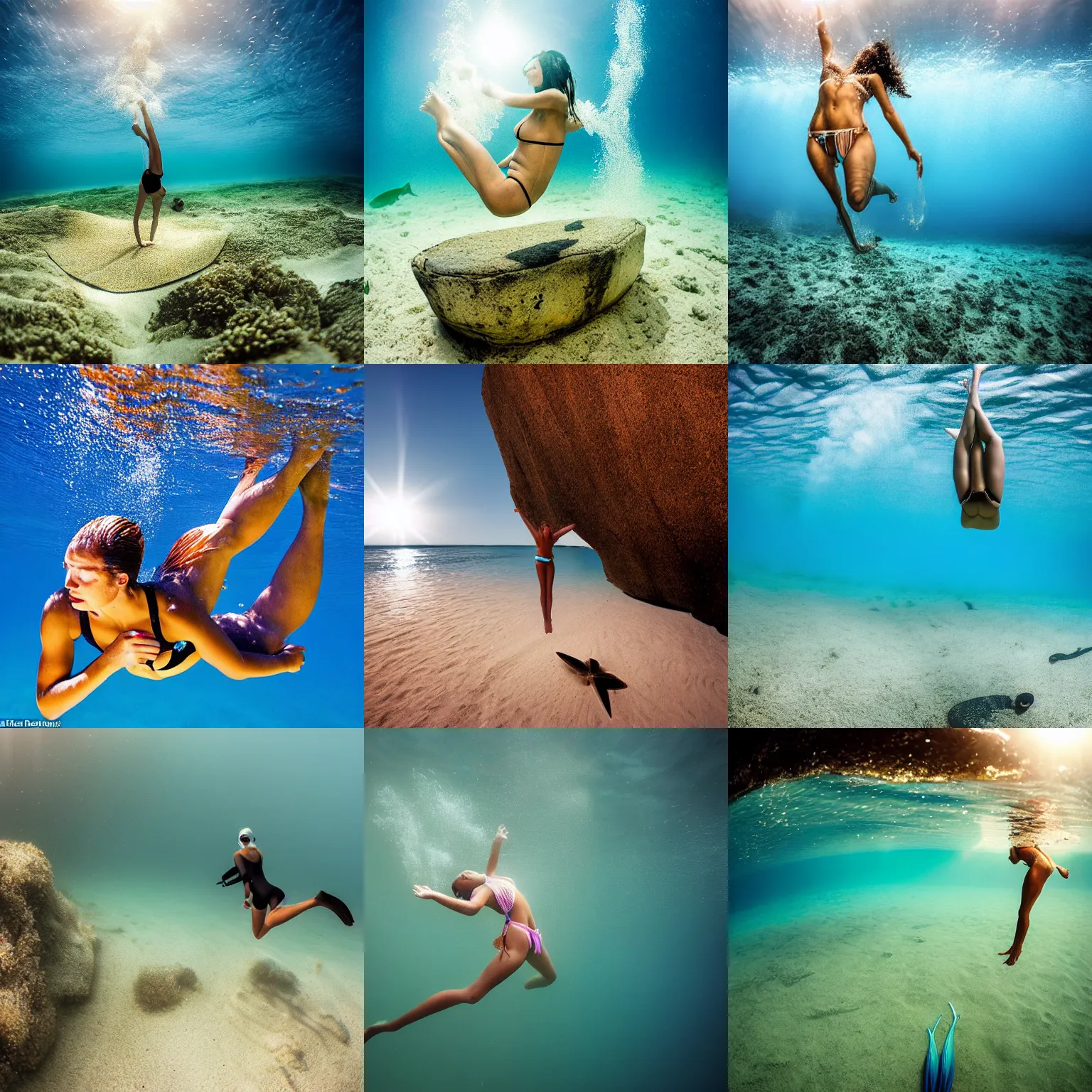 Prompt: woman in bikini freediving over sandy sea with fins, sunlit, award-winning underwater photography, photograph by daan verhoven