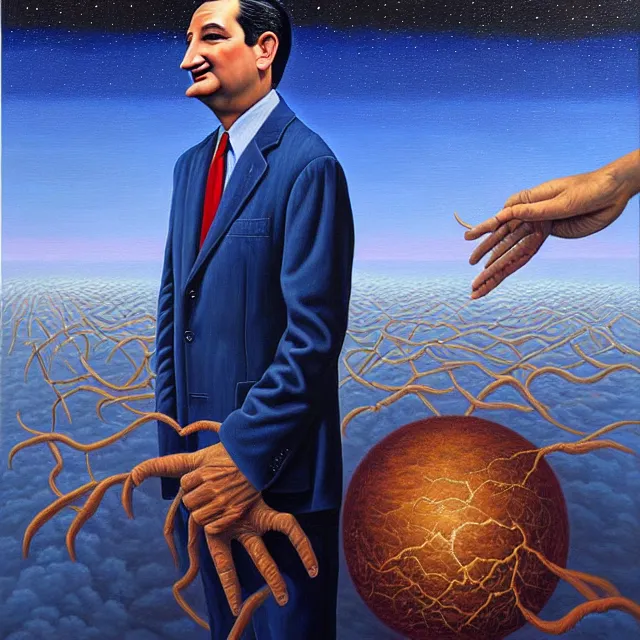 Image similar to an oil on canvas portrait painting of ted cruz, surrealism, surrealist, cosmic horror, rob gonsalves, high detail