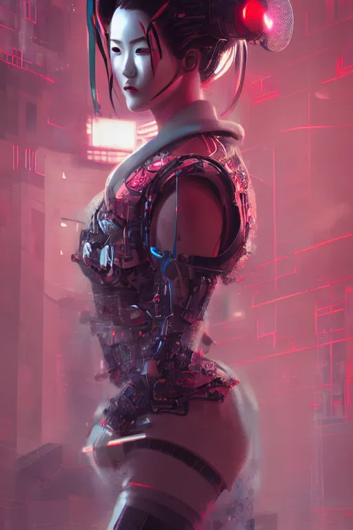 Image similar to Incredibly cyberpunk geisha by Ash Thorp and Artgerm, red LED lights, extremely beautiful and proportionate face, sharp focus, hyper detailed, octane render, biomechanical, volumetric lighting