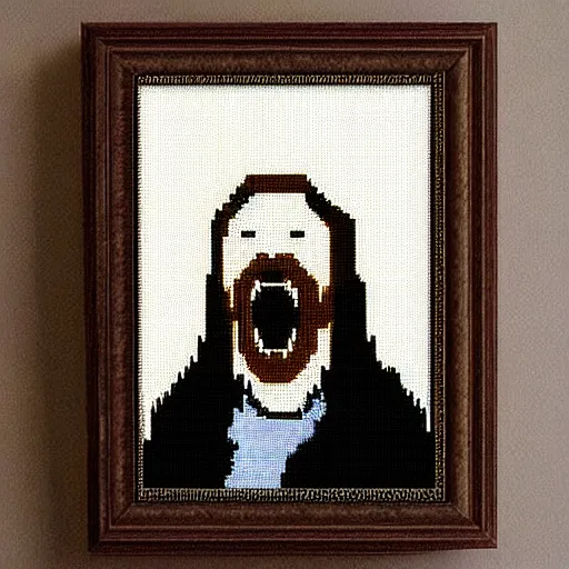 Prompt: Cross stitch of The Scream with a brown beard