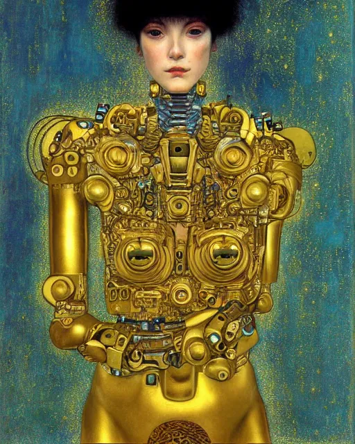 Image similar to Golden Portrait of a Cyborg from Ghost in the shell by Gustav Klimt, cyberpunk noir, baroque elements, intricate artwork by caravaggio, aesthetic, intricate, highly detailed, masterpiece