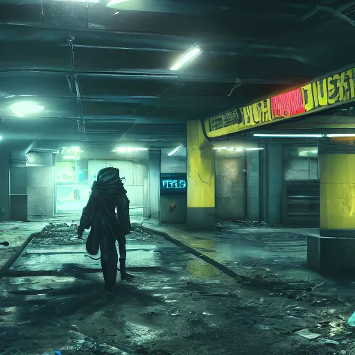 Image similar to abandoned underground subway homeless filthy horror slum low light sadness lonely. Cyberpunk 2077. CP2077. 3840 x 2160
