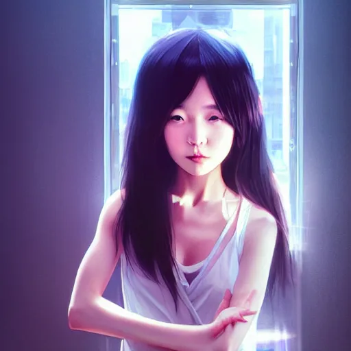 Image similar to very small little girl by ross tran : : reaching into their reflection in the mirror by sana takeda : : rtx reflections, very high intricate details, digital anime art by wlop, medium shot, mid - shot, composition by ilya kuvshinov, lighting by greg rutkowski