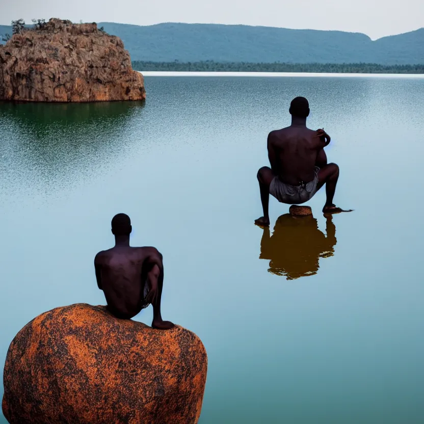 Image similar to an african man with wings sitting upon a large rock in the middle of a calm lake.