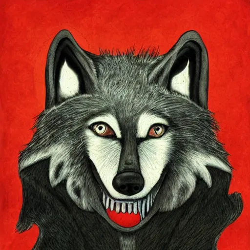 Prompt: portrait of retarded wolf, he is sick with rabies, very big teeth, eyes in different direction, missing ear, soviet propaganda style