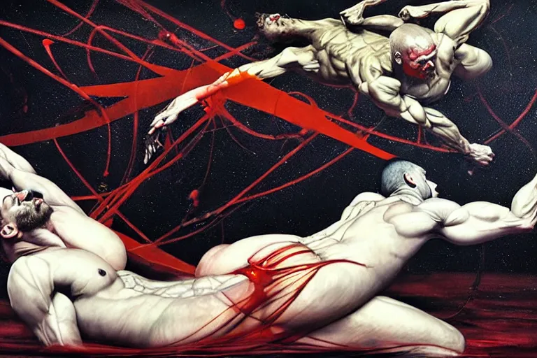 Image similar to two muscular men entwined, floating in space, zero gravity, inside a brutalist space ship, gothic, rich deep colours, painted by francis bacon, adrian ghenie, james jean and petra cortright, part by gerhard richter, part by takato yamamoto. 8 k masterpiece