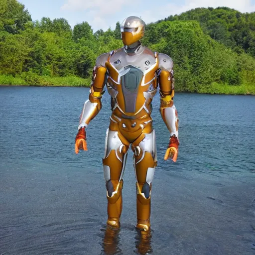 Image similar to realistic advanced iron suit in the bottom of a lake