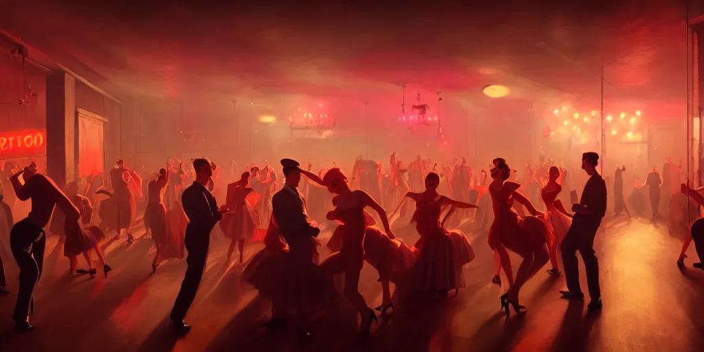 Image similar to 1 9 5 0 s night club with people dancing by otto dix and greg rutkowski and andreas rocha, cinematic lighting, warm colours, ultra realistic, unreal engine, trending on artstation, 4 k