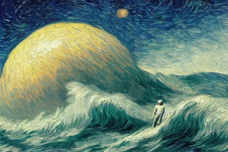 Prompt: an astronaut surfing waves in Jupiter ocean, beautiful, national geographic, very detailed, astrophotography, oil painting, canvas, Vincent van Gogh, Caspar David Friedrich, Albert Bierstadt