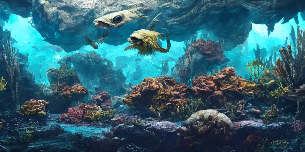 Image similar to underwater enviroment with Anoplogaster creatures, unreal 5, hyperrealistic, realistic, photorealistic, dynamic lighting, highly detailed, cinematic landscape, studio landscape, studio lighting