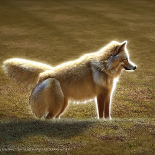 Prompt: professional stylized full - body digital art of a side profile of a cream tibetan wolf, tan and light brown accents, fluffy, falling leaves, hd, 8 k, highly detailed, high quality, cute