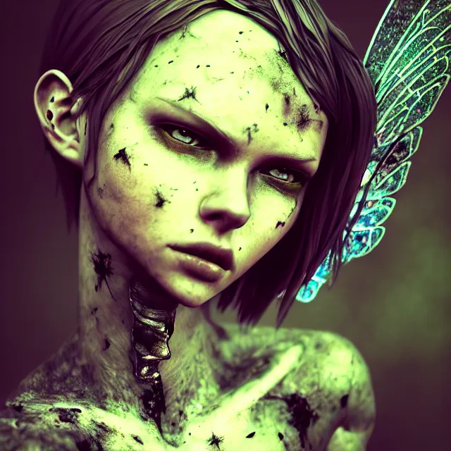 Image similar to full body pose, beautiful adult injured fairy, dirty, grungy, grunge, highly detailed, 4 k, hdr, smooth, sharp focus, high resolution, award - winning photo, artgerm, photorealistic