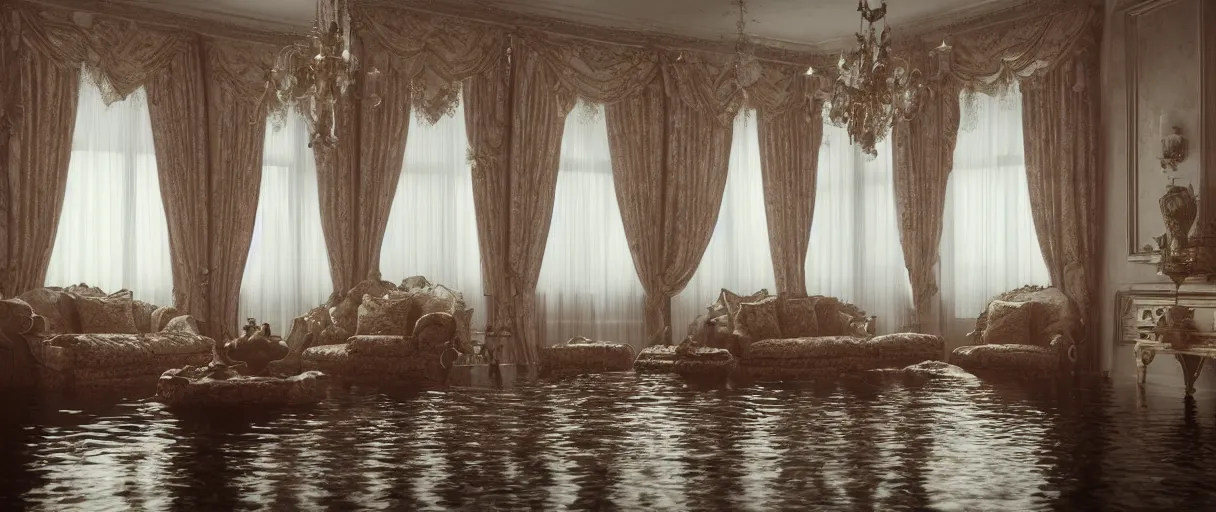 Image similar to decorative empty victorian livingroom flooded with water, octane render, 8k, artstation, concept art, smooth, sharp focus