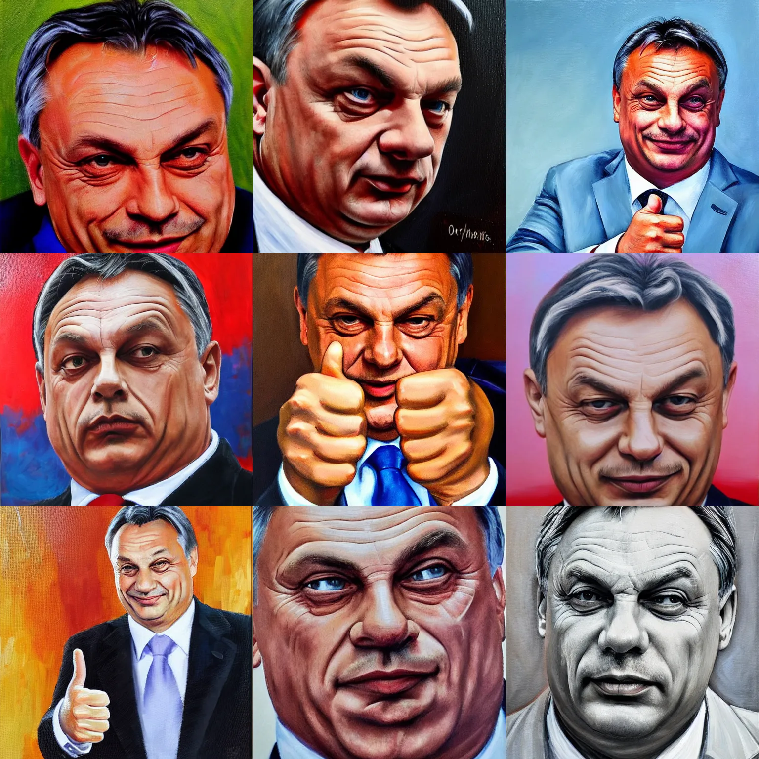Prompt: viktor orban with highly detailed face showing a thumbs up, oil painting